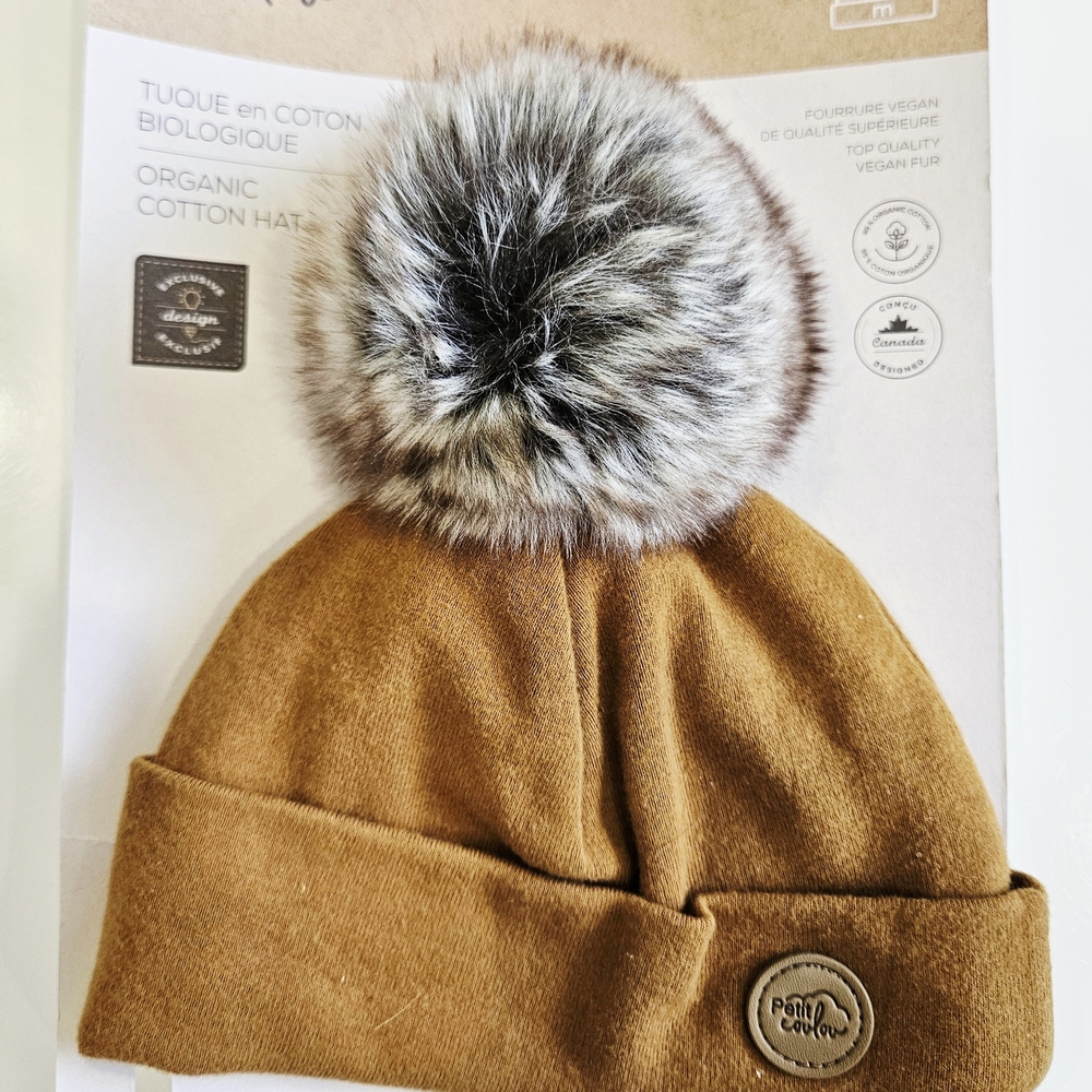 Brown Organic Cotton Kids Hat with Faux Fur Pom Pom